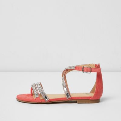 Girls coral diamante strappy sandals